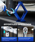 Orion Motor Tech 2 Ton Scissor Jack 15 Pc Kit 4409 Lb Capacity Heavy Duty Portable car tire tool in use with ratchet handle.