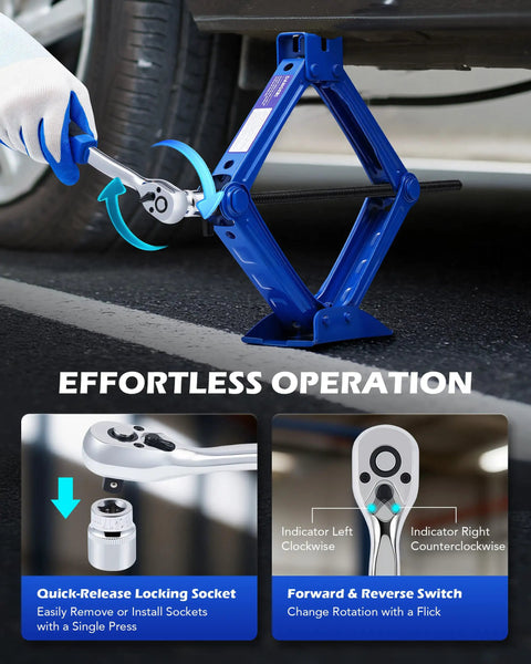 Orion Motor Tech 2 Ton Scissor Jack 15 Pc Kit 4409 Lb Capacity Heavy Duty Portable car tire tool in use with ratchet handle.