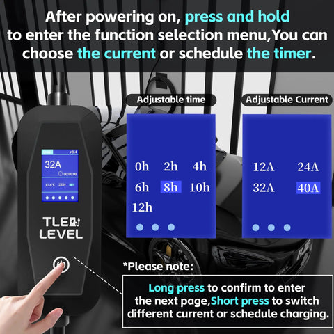 Smart Level 2 EV Charger Portable 40 Amp 9.6kW With NEMA 14-50 Plug display showing adjustable current and timing settings.