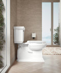 Top Shelf Elongated Toilet Seat With Silent Shut Lids And Seats, No Sweat Grip Tight Mounting Hardware For Easy Swap, ReadyLatch Positive Lock Mechanism, Nightlight Ready Option In Pristine White in modern bathroom setting.