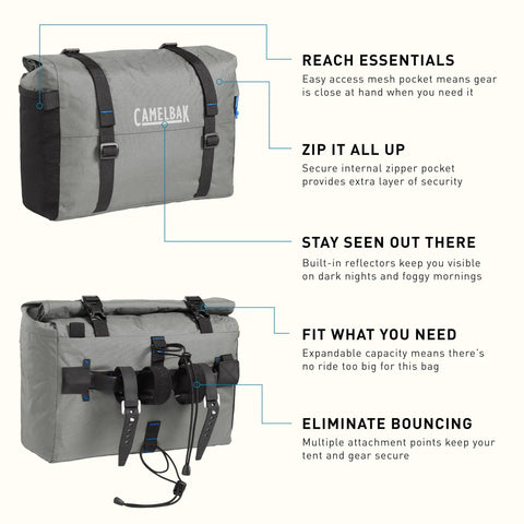 MULE 12 Bikepacking Handlebar Bag IPX5 Waterproof Roll-Top with aluminum stabilizer, showing storage features and attachment points.