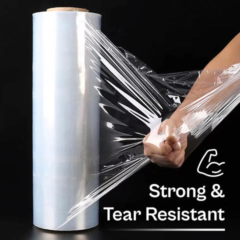 Heavy Duty Clear Cast Stretch Wrap 80 Gauge 19.7 X 6000 Ft Roll pulled and stretched for packing and shipping use.