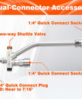 Dual Tip Foam Cannon For Pressure Washer Gun With Quick Connect One Quarter Inch Stainless Steel Car Wash Foam Blaster Attachment Switchable Foam And Water Flow Leak Proof Seal 4000 PSI accessory with dual-connector, shuttle valve, and quick connect sockets.