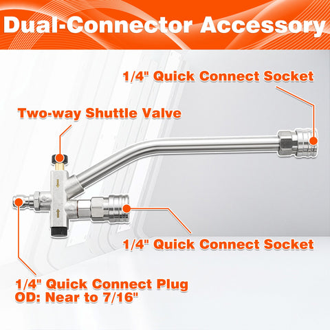 Dual Tip Foam Cannon For Pressure Washer Gun With Quick Connect One Quarter Inch Stainless Steel Car Wash Foam Blaster Attachment Switchable Foam And Water Flow Leak Proof Seal 4000 PSI accessory with dual-connector, shuttle valve, and quick connect sockets.