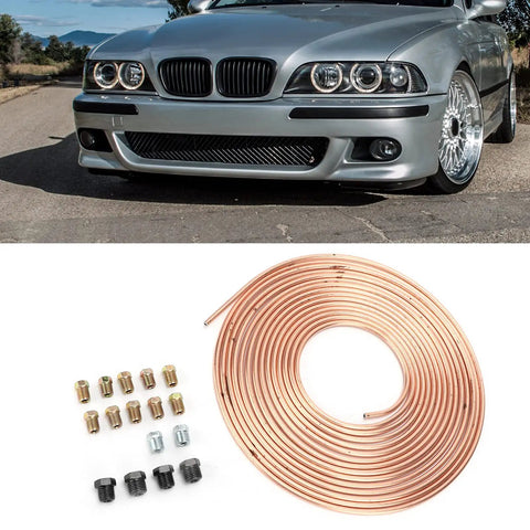 25ft Copper Plated Brake Line Tubing 3 16 Inch OD With Fittings For Cars And Trucks, next to car front view, gold finish