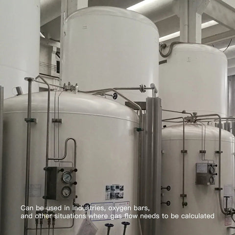 Industrial oxygen tanks and flow meters in a facility, illustrating the Oxygen Flow Meter 0 To 5 LPM Acrylic Flowmeter For Oxygen And Air Gas.