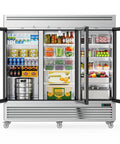 Top Shelf Heavy Duty Commercial Reach In Refrigerator With Three Glass Doors And Seventy Two Cubic Feet Of Stainless Steel showing food and beverages inside.