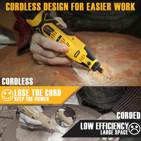 Cordless Rotary Tool Kit With 6 Speed Settings Up To 35,000 RPM in action on a woodworking project, highlighting cordless vs corded benefits