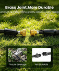 Heavy Duty Thickened Flat Soaker Hose 100Ft With Copper Joint on grass showcasing brass joint and aluminum seal features.