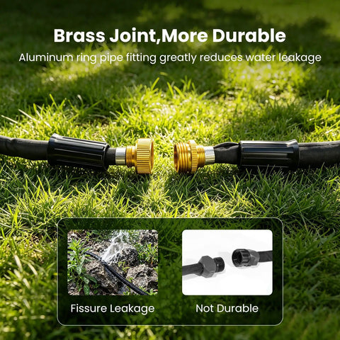 Heavy Duty Thickened Flat Soaker Hose 100Ft With Copper Joint on grass showcasing brass joint and aluminum seal features.