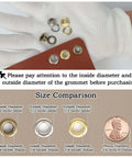 All-In-One Grommet Tool Kit With 1200 Metal Eyelets And Washers In Gold Silver Copper, size comparison and diameter guide