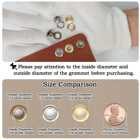All-In-One Grommet Tool Kit With 1200 Metal Eyelets And Washers In Gold Silver Copper, size comparison and diameter guide