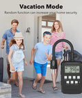 Family leaving house with 7 Day Outdoor Programmable Timer With Dual Outlets Set It And Forget It Heavy Duty Weatherproof Digital Timer