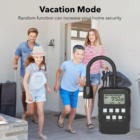 Family leaving house with 7 Day Outdoor Programmable Timer With Dual Outlets Set It And Forget It Heavy Duty Weatherproof Digital Timer