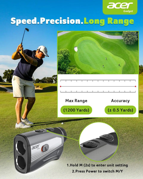 Golfer using Golf Rangefinder With Slope, 1200-Yard Laser Range Finder, 6x Magnification, Flag Pole Locking, landscape view