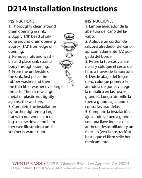 Installation instructions for 3-1/2 Inch Post Style Large Kitchen Sink Basket Strainer Matte Black Solid Brass.