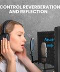 Woman using Three Panel Microphone Isolation Shield With Noise Absorbing Studio Booth For Vocal Tracks, 1.6 Inch Thick Foam.
