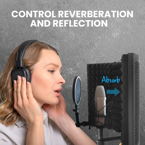 Woman using Three Panel Microphone Isolation Shield With Noise Absorbing Studio Booth For Vocal Tracks, 1.6 Inch Thick Foam.