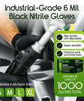Industrial-grade black 6 mil nitrile gloves, large size; gloved hand using a tool, 1000-glove case