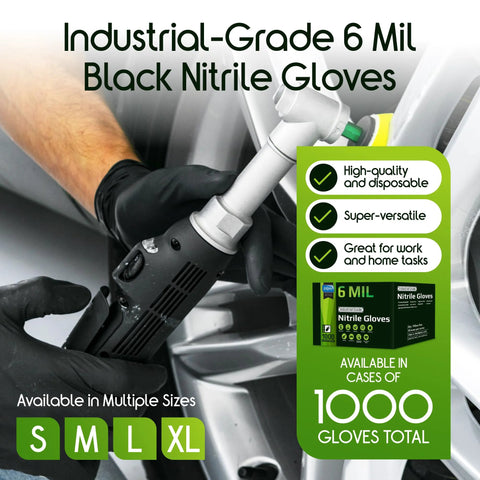 Industrial-grade black 6 mil nitrile gloves, large size; gloved hand using a tool, 1000-glove case