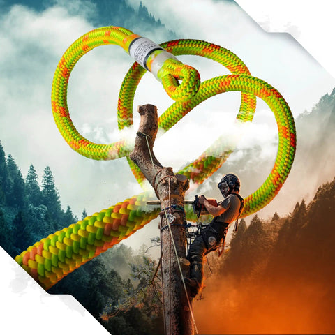 Beefy 11.8mm Static Arborist Rope, 120 Ft USA Made 24-Strand in action during tree work with climber, highlighting strength and durability