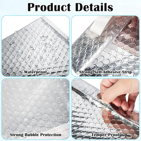 Close-up of 20 Pack Thermal Bubble Mailers, 8 By 11 Inches, Silver Metallic Self Seal Foil Mailing Envelopes showing waterproof surface and adhesive strip.