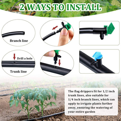 Illustration of 60 Piece Drip Emitter Garden Irrigation Set With Flag Drippers In 3 Sizes For Trees And Shrubs install method
