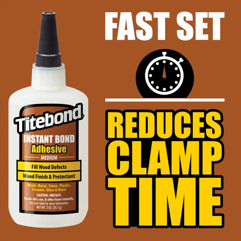 Instant Bond Medium CA Glue For Wood And Crafts - Quick-Set Cyanoacrylate Adhesive bottle with fast set and reduces clamp time text