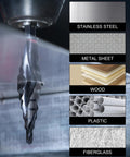 Beefy Pro Grade Step Drill Bit For Metal With M35 Cobalt Coating And Spiral Flute cutting through various materials, close-up view.