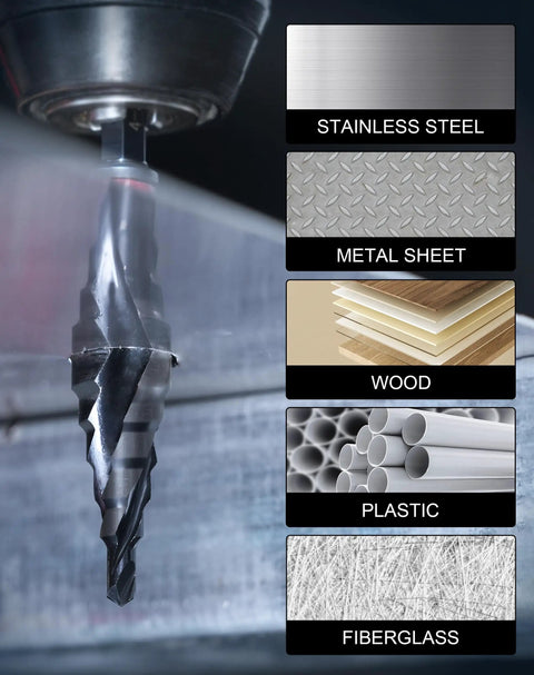 Beefy Pro Grade Step Drill Bit For Metal With M35 Cobalt Coating And Spiral Flute cutting through various materials, close-up view.