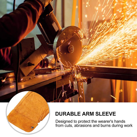 Pro Level Heavy Duty Cowhide Leather Arm Sleeves Heat Resistant Double Layer Welding Oversleeves in action during metalwork.