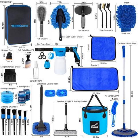 Go To Car Wash Kit With Foam Gun And Brush Mop Large Folding Bucket Blue detailing tools layout