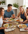 Group enjoying meals on ten inch ceramic divided plates set of four with three compartments for balanced meals portion control.