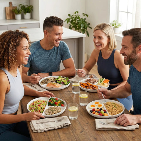 Group enjoying meals on ten inch ceramic divided plates set of four with three compartments for balanced meals portion control.