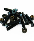 Black 1.25 Inch Longboard Hardware Screws And Nuts Set For Skateboards And Cruisers Phillips Flat Head Mounting Hardware Includes 8 Bolts And 8 Nuts Ride Ready Great For Attaching Trucks To Decks scattered on white background