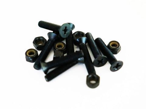 Black 1.25 Inch Longboard Hardware Screws And Nuts Set For Skateboards And Cruisers Phillips Flat Head Mounting Hardware Includes 8 Bolts And 8 Nuts Ride Ready Great For Attaching Trucks To Decks scattered on white background