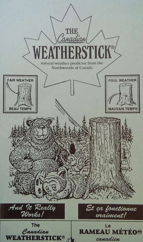 Illustration of Canadian Weather Stick for home or cabin with nail hole mount, showing good and bad weather signals in use