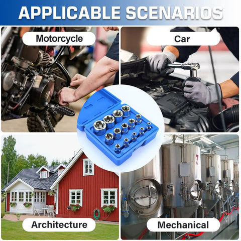 14-Piece Female E-Torx Socket Set With E4 Through E24 External Star Sockets For One Quarter Inch, Three Eighth Inch, And One Half Inch Drives, Pro Grade Cr-V Steel, Compatible With Regular And E-Torx Plus, Auto Repair Kit With Storage Case shown with motorcycle, car, architecture, and mechanical use scenarios.