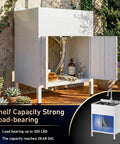 26-Inch Freestanding Stainless Steel Utility Sink With Cabinet outdoors showing open cabinet and faucet, rust-resistant 304 steel.