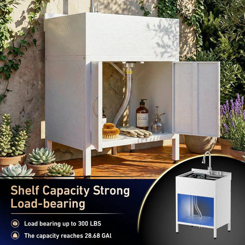 26-Inch Freestanding Stainless Steel Utility Sink With Cabinet outdoors showing open cabinet and faucet, rust-resistant 304 steel.