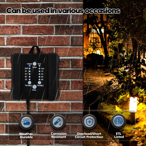100W Outdoor Low Voltage Transformer With Dusk To Dawn Sensor And Timer For LED Landscape Lighting installed on a brick wall with lit pathway lights