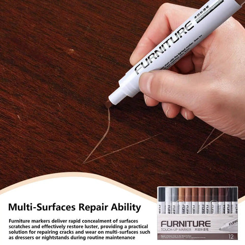 Using a pen from the 12 Color Furniture Scratch Repair Markers Kit With Wood Touch Up Stain Pen for repairing a scratch on wood
