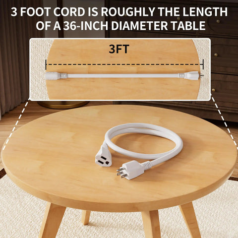 Outdoor 3 Foot Extension Cord 16 Gauge Heavy Duty Electric Cable, ETL Listed, Multipurpose For Tools, String Lights, And Small Appliances, Weather Ready 125V 13A Safe Power Reach shown coiled on table