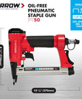 Oil Free Pneumatic Staple Gun For Wood Upholstery Carpet And Wire Fencing Fits One Quarter Inch Through Nine Sixteenth Inch Staples Lightweight Workhorse Heavy Duty Pro Grade Tool, red PT50 model with measurements.