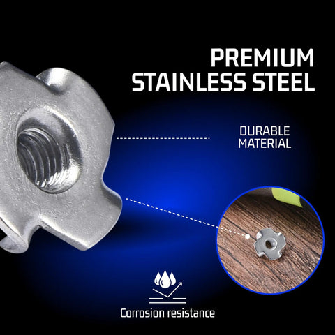 Heavy Duty 304 Stainless Steel T Nuts M6 X 9mm Four Prong Tee Nut Hardware For Wood Composites And Particle Board Rust Proof Fastener close-up showing threaded insert and durable finish.