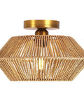Boho Woven Rattan Ceiling Light Fixture With Handwoven Cage, Semi Flush Mount, Natural Brown Rattan, Antique Brass Base