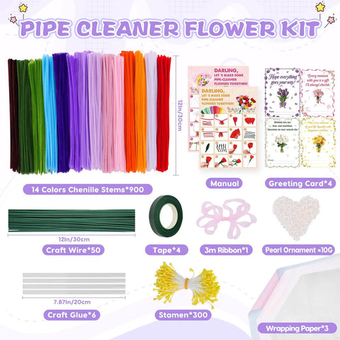 900 Piece Pipe Cleaners Craft Kit With 14 Colors, Floral Stems, Glue Sticks, Floral Tape, Stamens, Pearls, Wrapping Paper