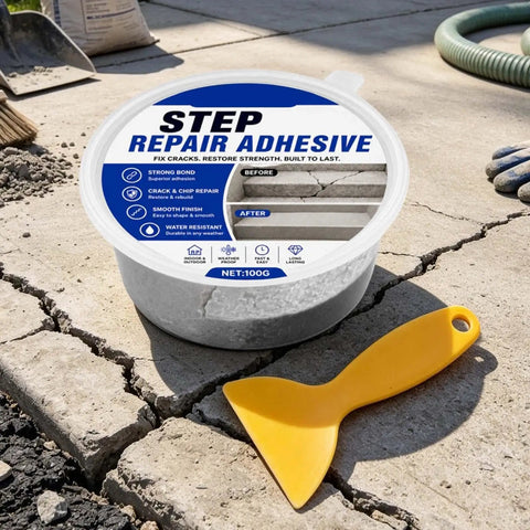 Heavy Duty Concrete Crack Filler Masonry Sealant Fixes Driveways Stairs Sidewalks Porches With Rock Solid Outdoor Patch shown in container with yellow trowel.