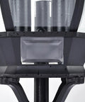 Close-up of textured black base and clear beveled glass of Three Light Outdoor Post Lantern In Textured Black With Clear Beveled Glass
