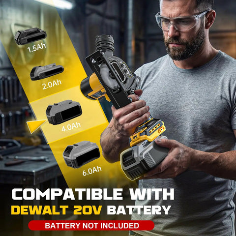 Man holding Cordless Cut Off Tool Kit For Wood Metal Plastic Tile Stone 20V Battery Compatible 3 Inch Circular Saw With Brushless Motor 20000 RPM Includes Blades And Dust Shroud Tool Only